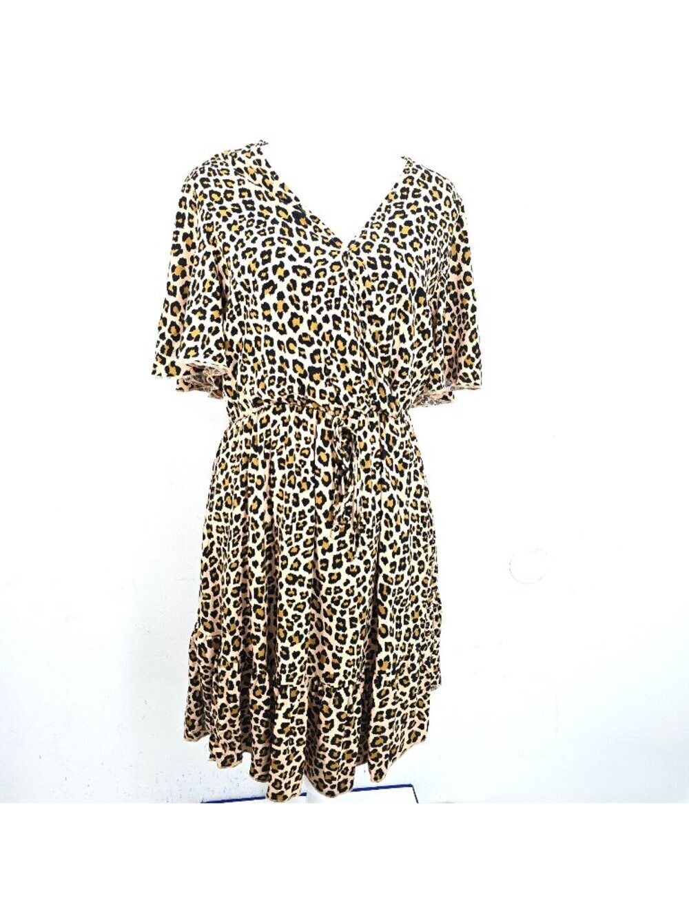NWt Kirundo Brown Black Faux Wrap Flutter Sleeve Dress Women Size L